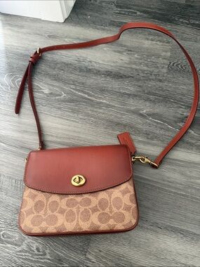 Coach Tan Signature Canvas Crossbody with Rust Leather Flap